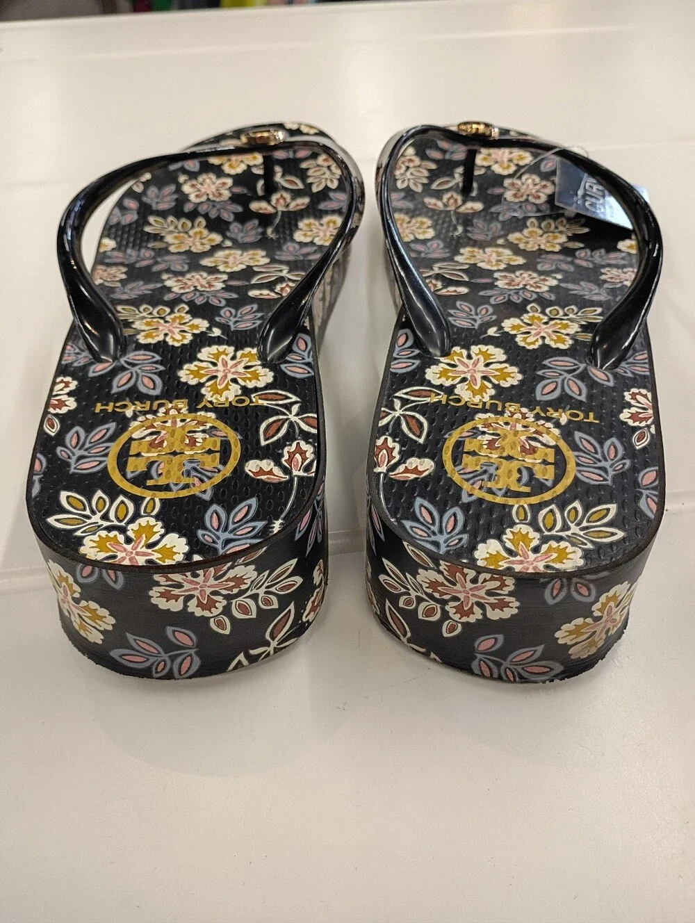 Tory Burch Black Floral Logo Thong Sandals